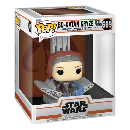 Vue rapprochée de la figurine Funko POP! Deluxe Bo-Katan Kryze avec son trône, hors de la boîte