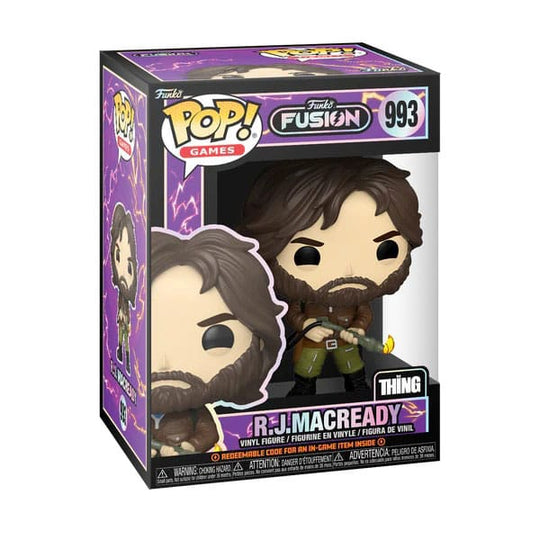 Boîte-fenêtre de la figurine Funko POP! R.J. MacReady du film The Thing, montrant le personnage et le logo du film.
