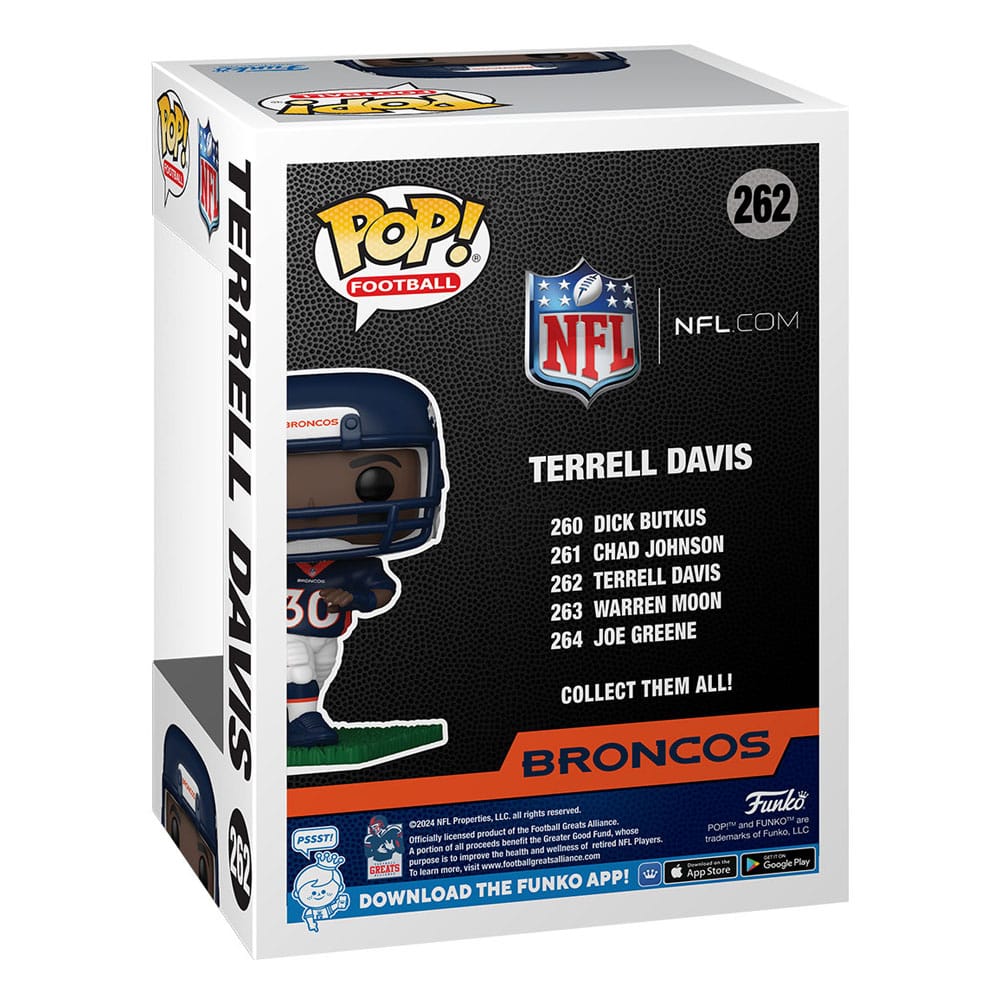 Terrell Davis Funko POP aux côtés d'autres légendes du football américain.