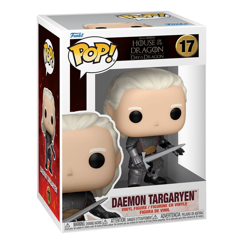 Vue latérale de la figurine Funko POP! Daemon Targaryen dans sa boîte-fenêtre