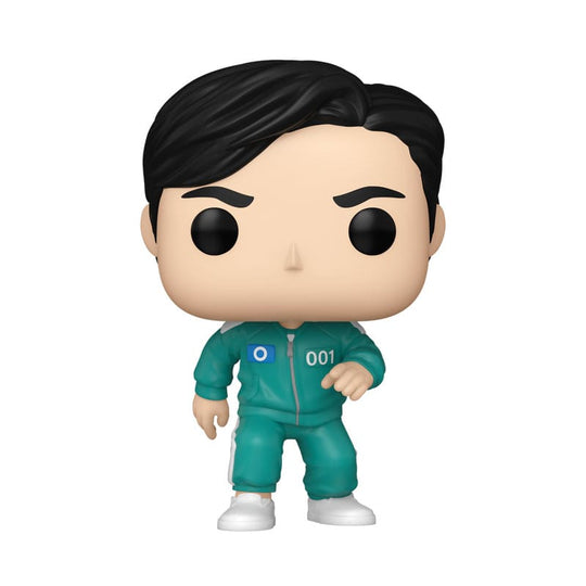 Figurine Funko POP! Squid Game Joueur 001 (Oh Il-nam) en vinyle 9 cm, vue de face dans sa boîte-fenêtre.