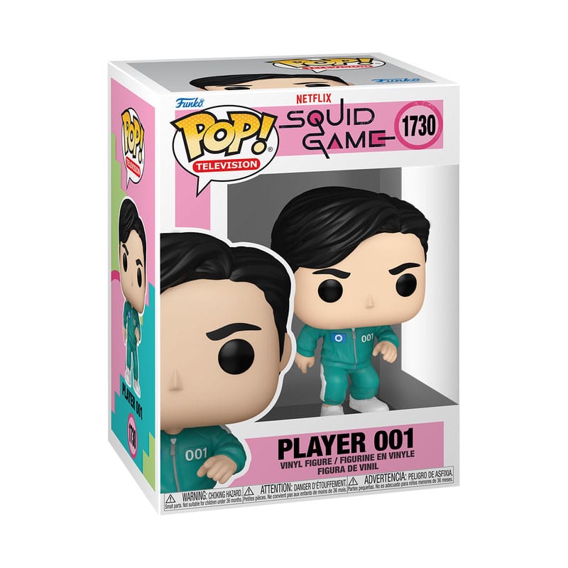 Détail de la figurine Funko POP! Joueur 001 de Squid Game, hors de sa boîte, montrant les détails du personnage.