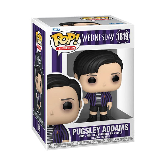 Boîte-fenêtre de la figurine Funko POP! Pugsley Wednesday, montrant le personnage et le logo