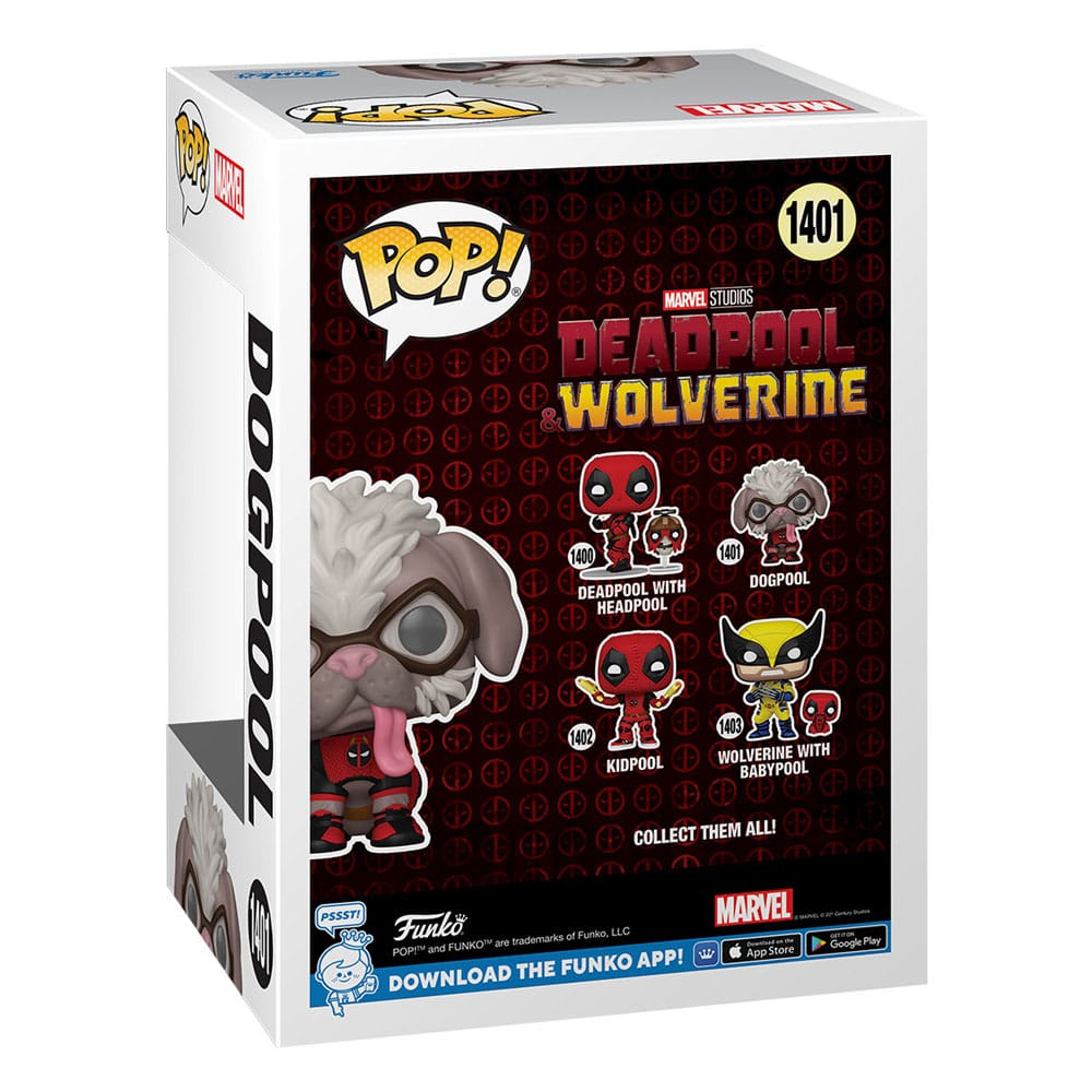 Détail de la figurine Funko POP! Dogpool avec son costume de super-héros