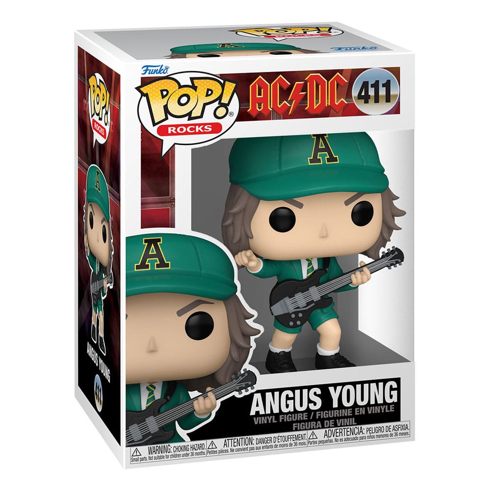 Vue latérale de la figurine Funko POP! Angus Young d'AC/DC, couleur verte