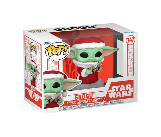Boîte-fenêtre de la figurine Funko POP! Holiday Grogu avec logos Star Wars et Funko