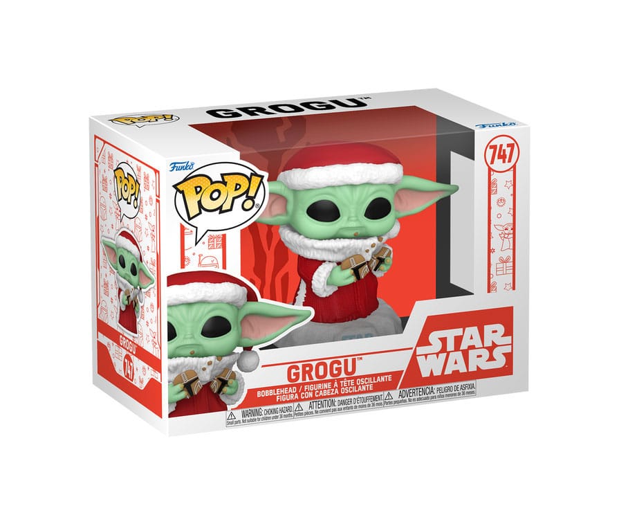 Boîte-fenêtre de la figurine Funko POP! Holiday Grogu avec logos Star Wars et Funko