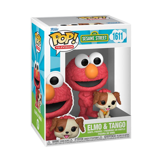 Vue détaillée de la figurine Funko POP! Elmo et Tango dans sa boîte-fenêtre