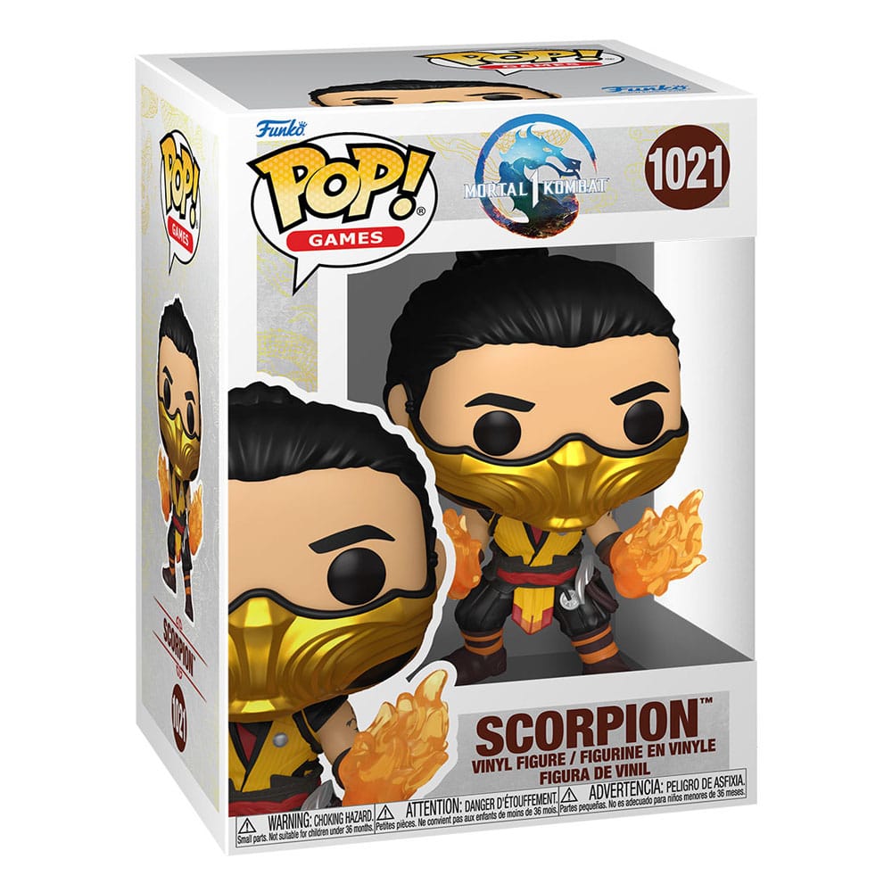 Gros plan sur la figurine Funko POP! Scorpion de Mortal Kombat, détails du masque et de la lance