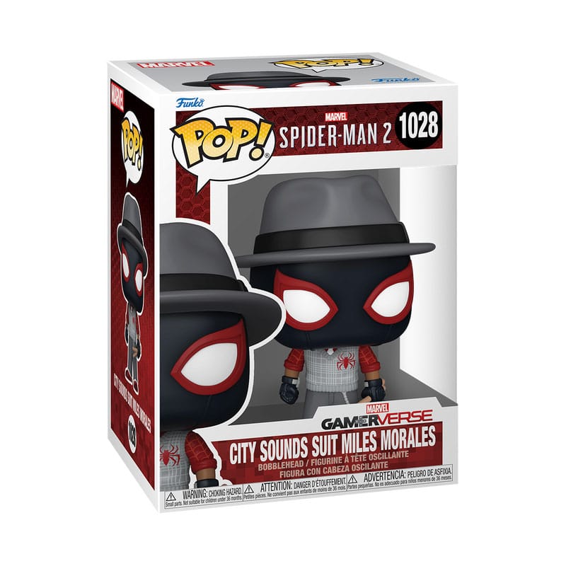 Détail de la figurine Funko POP! Spiderman 2 Miles Morales City Sounds, montrant les effets sonores et la base.