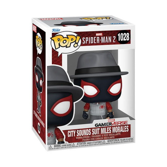 Détail de la figurine Funko POP! Spiderman 2 Miles Morales City Sounds, montrant les effets sonores et la base.