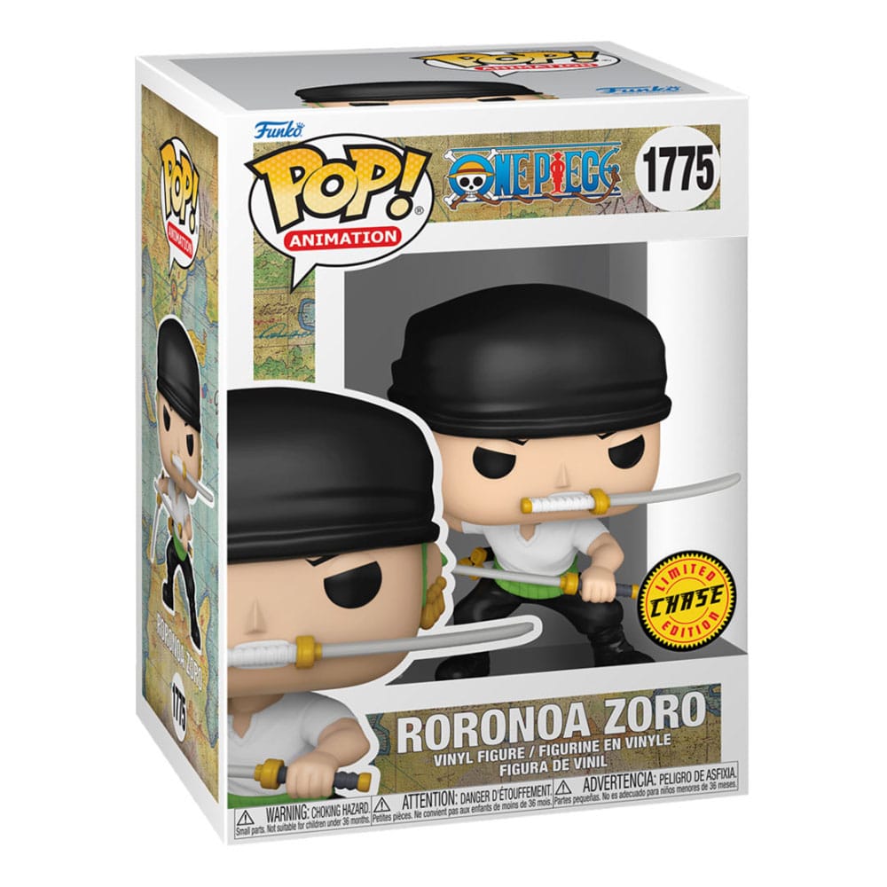 Vue latérale de la figurine Funko POP One Piece Zoro (Refresh) en boîte