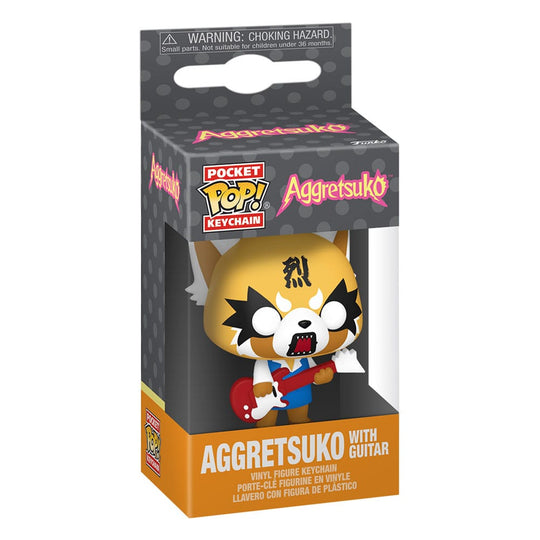 Gros plan sur un porte-clés Funko Pocket POP! Aggretsuko avec guitare, emballage boîte-fenêtre