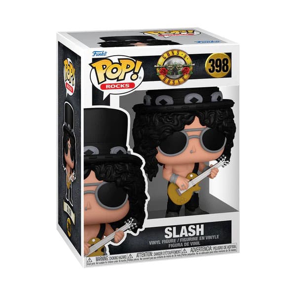Boîte-fenêtre de la figurine Funko POP! Rocks Slash, montrant le produit à l'intérieur et le logo Guns N' Roses.