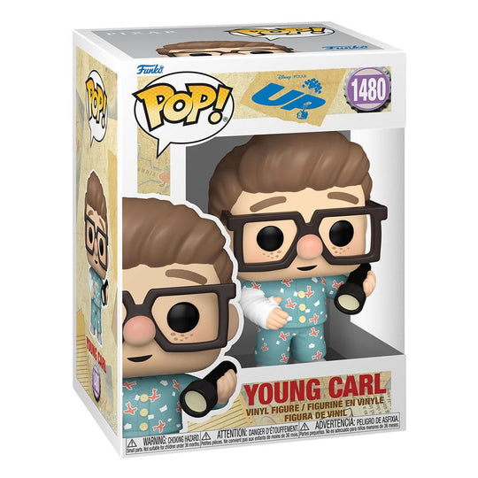 Figurine Funko POP! Young Carl de Là-haut dans sa boîte-fenêtre d'origine, prête à être exposée.