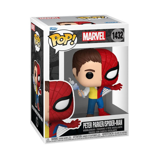 Détail de la figurine Funko POP! Spider-Man/Peter Parker dans sa boîte-fenêtre