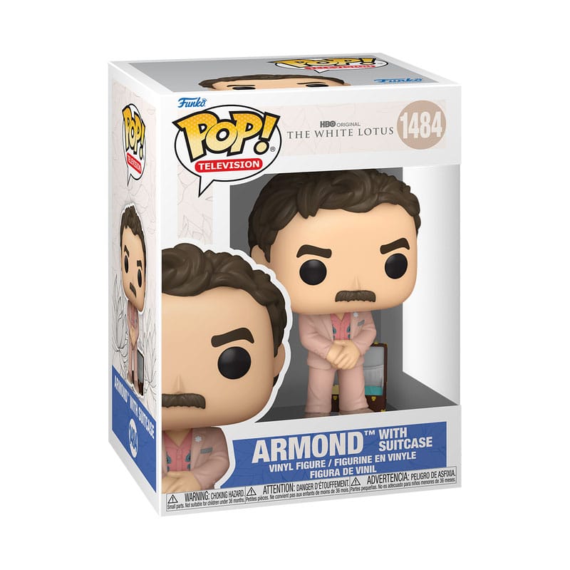 Boîte-fenêtre de la figurine Funko POP! White Lotus Armond, montrant le personnage et le logo