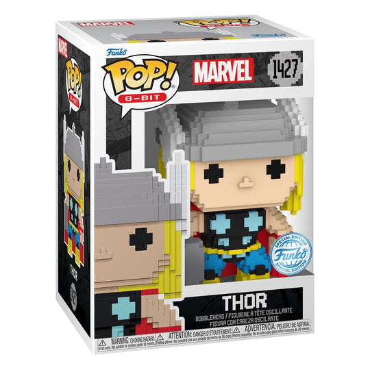 Détail de la figurine Funko POP! Thor 8-Bit, montrant le design pixelisé et le marteau Mjolnir.