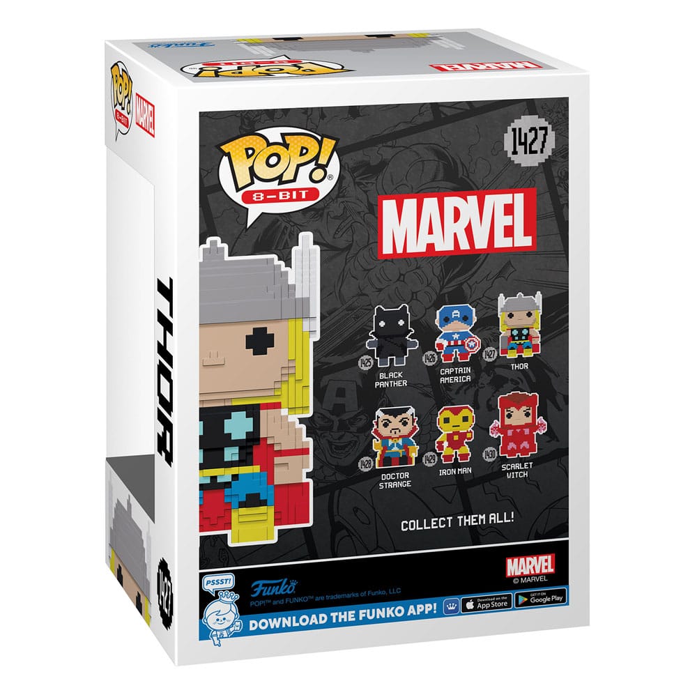 Figurine Funko POP! Thor 8-Bit hors de sa boîte, posée sur un fond neutre, mettant en valeur sa taille de 9 cm.