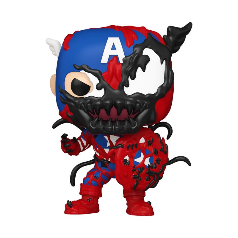 Figurine Funko POP! Carnageized Captain America de face, dans sa boîte-fenêtre.