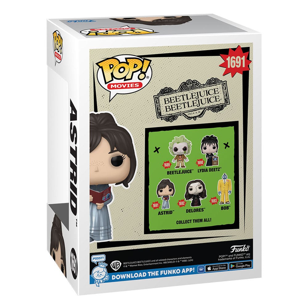 Vue latérale de la figurine Funko POP! Beetlejuice 2 Astrid, montrant l'emballage boîte-fenêtre