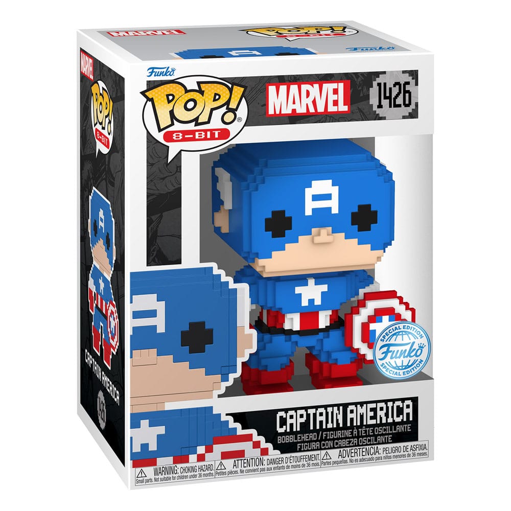 Boîte-fenêtre de la figurine Funko POP! 8-Bit Captain America, montrant le design rétro.