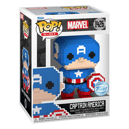 Boîte-fenêtre de la figurine Funko POP! 8-Bit Captain America, montrant le design rétro.