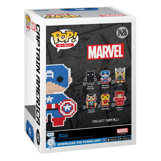 Détail de la figurine Funko POP! 8-Bit Captain America, mettant en avant le bouclier et le casque.