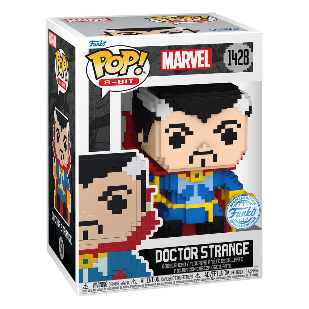Vue détaillée de la figurine Funko POP! Dr. Strange 8-Bit dans sa boîte-fenêtre