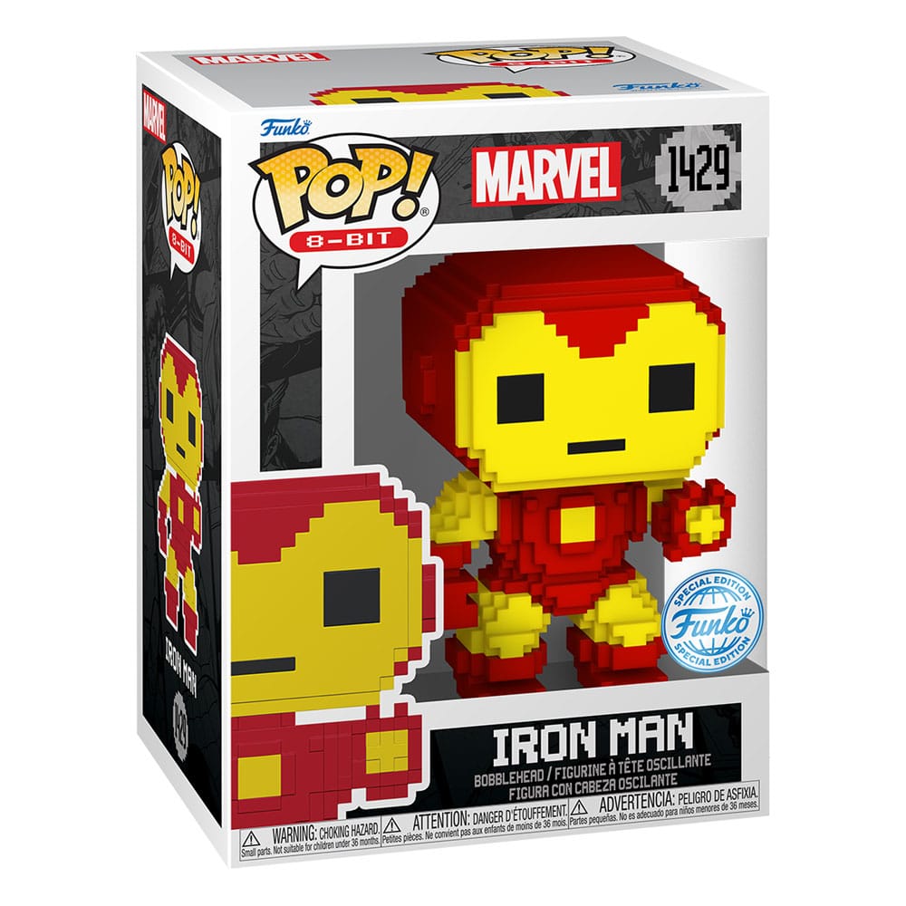 Boîte-fenêtre de la figurine Funko POP! 8-Bit Iron Man, avec logo Marvel et Funko