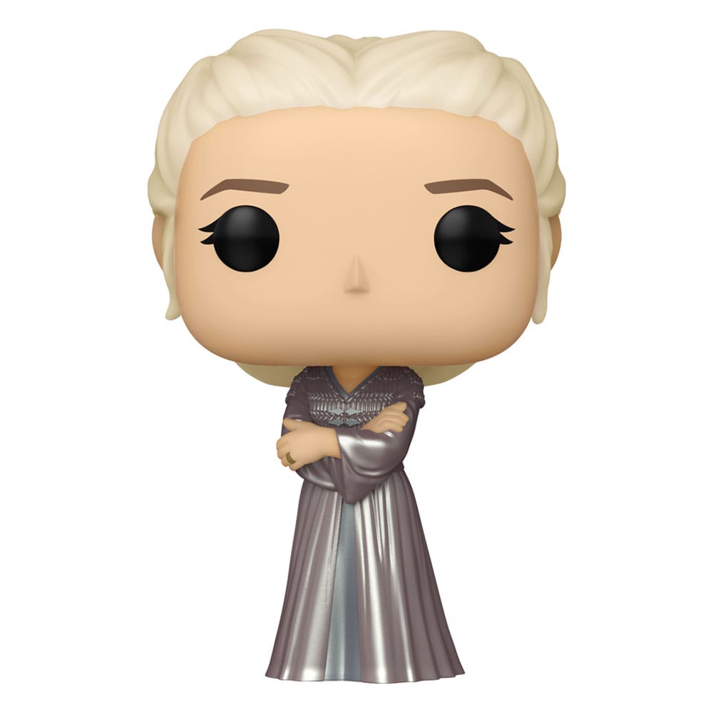 Figurine Funko Pop Rhaenyra Targaryen de House of the Dragon en vinyle 9 cm, vue de face dans sa boîte-fenêtre.