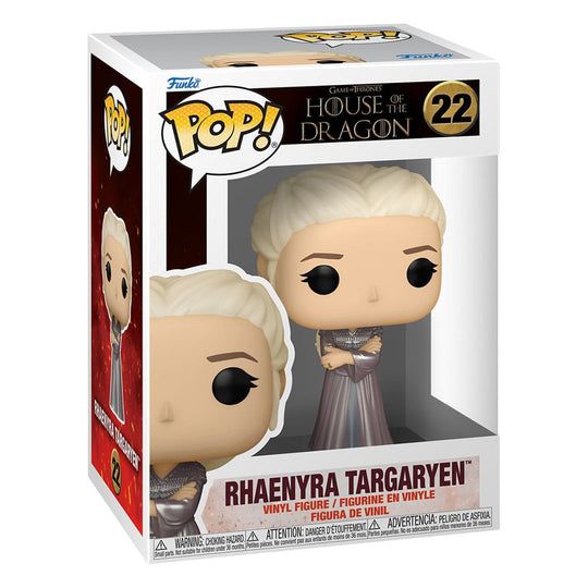 Gros plan sur la figurine Funko Pop Rhaenyra Targaryen, montrant les détails de son visage et de sa tenue.