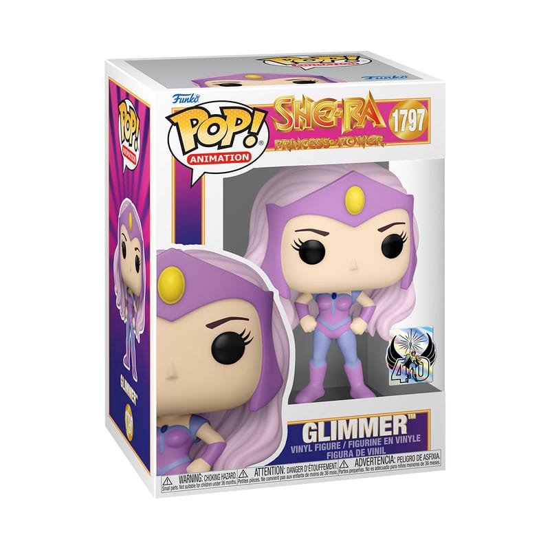 Boîte-fenêtre de la figurine Funko POP! She-Ra Glimmer, montrant le personnage et le logo.