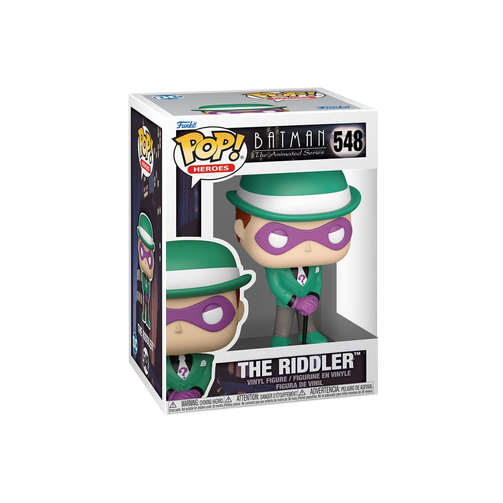 Détail de la figurine Funko POP! The Riddler (Le Sphinx) de Batman: The Animated Series, montrant son costume vert et son point d'interrogation.