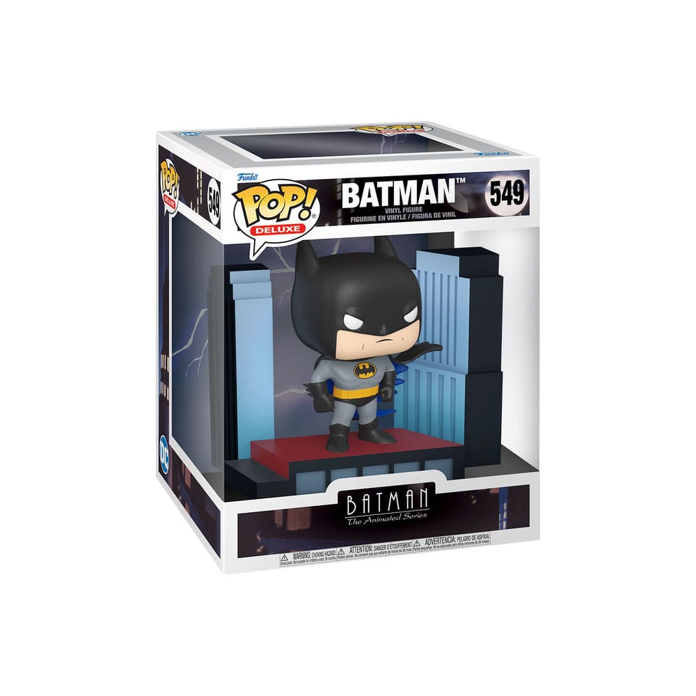 Détail de la figurine Funko POP! Deluxe Batman sur son toit avec la boîte-fenêtre
