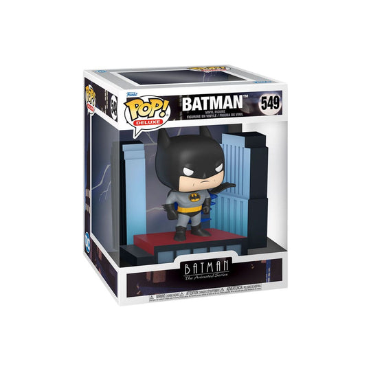 Détail de la figurine Funko POP! Deluxe Batman sur son toit avec la boîte-fenêtre