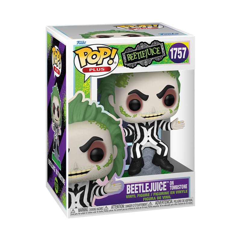 Vue détaillée de la figurine Funko POP! Beetlejuice dans sa boîte-fenêtre