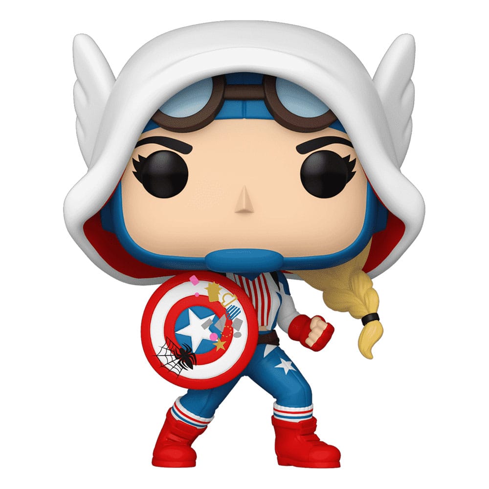 Figurine Funko POP! Marvel Cap-Gwen de 9 cm, présentée dans sa boîte-fenêtre.
