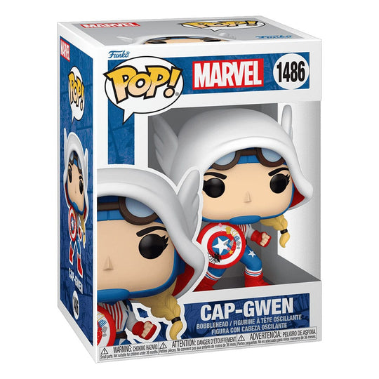 Détail de la figurine Funko POP! Cap-Gwen en vinyle, vue de près, mettant en avant les finitions.