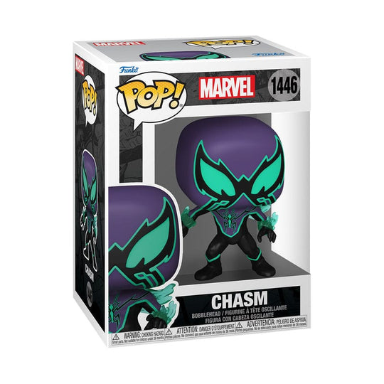 Boîte-fenêtre de la figurine Funko POP! Chasm Spider-Man, avec le personnage et le logo Marvel