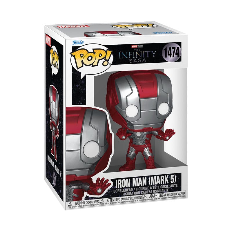Boîte-fenêtre de la figurine Funko POP! Iron Man Mark V, avec la figurine visible à l'intérieur.