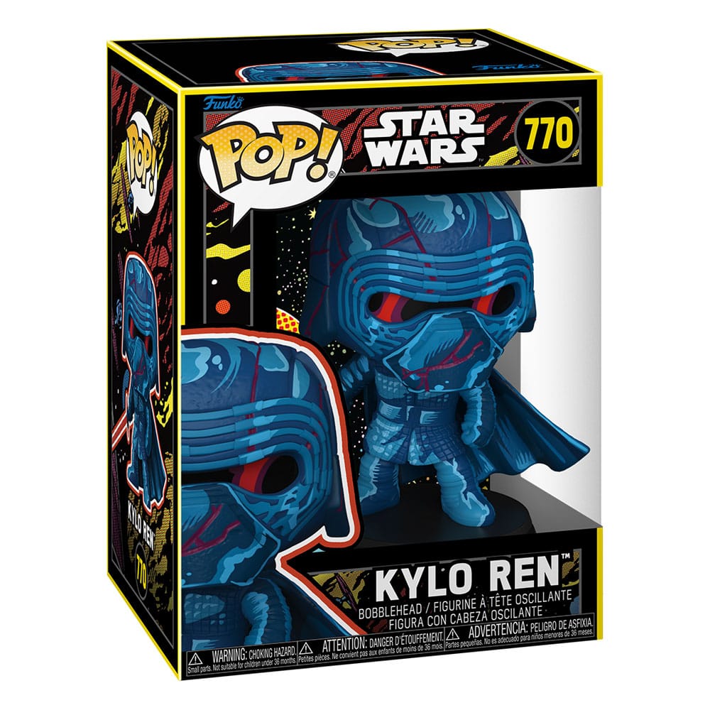 Gros plan sur la figurine Funko POP! Kylo Ren (Rétro) Star Wars, montrant les détails du casque et du sabre laser.