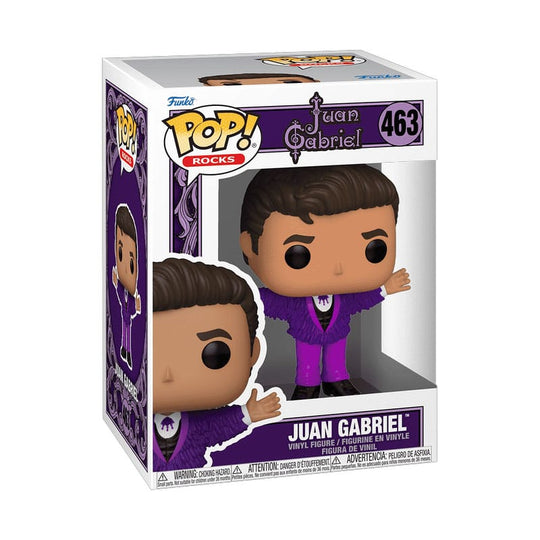 Boîte-fenêtre de la figurine Funko POP! Juan Gabriel Purple Outfit, avec figurine visible.