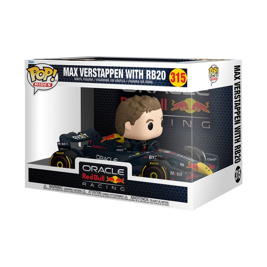 Détail de la figurine Funko POP! Max Verstappen dans sa monoplace RB20 avec casque