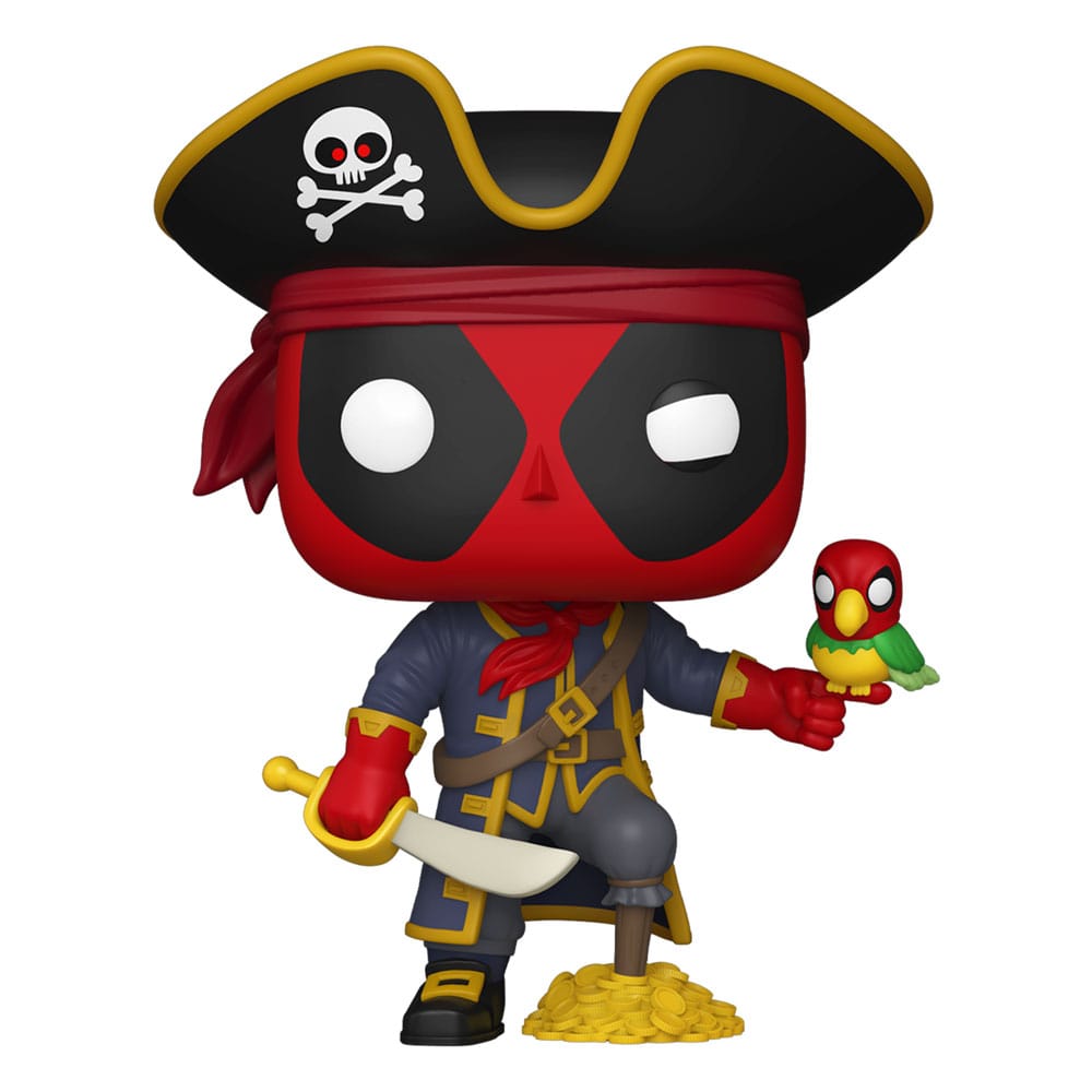 Figurine Funko POP! Marvel Deadpool en Long John Silver 9 cm vue de face dans sa boîte-fenêtre, avec son épée et son perroquet.
