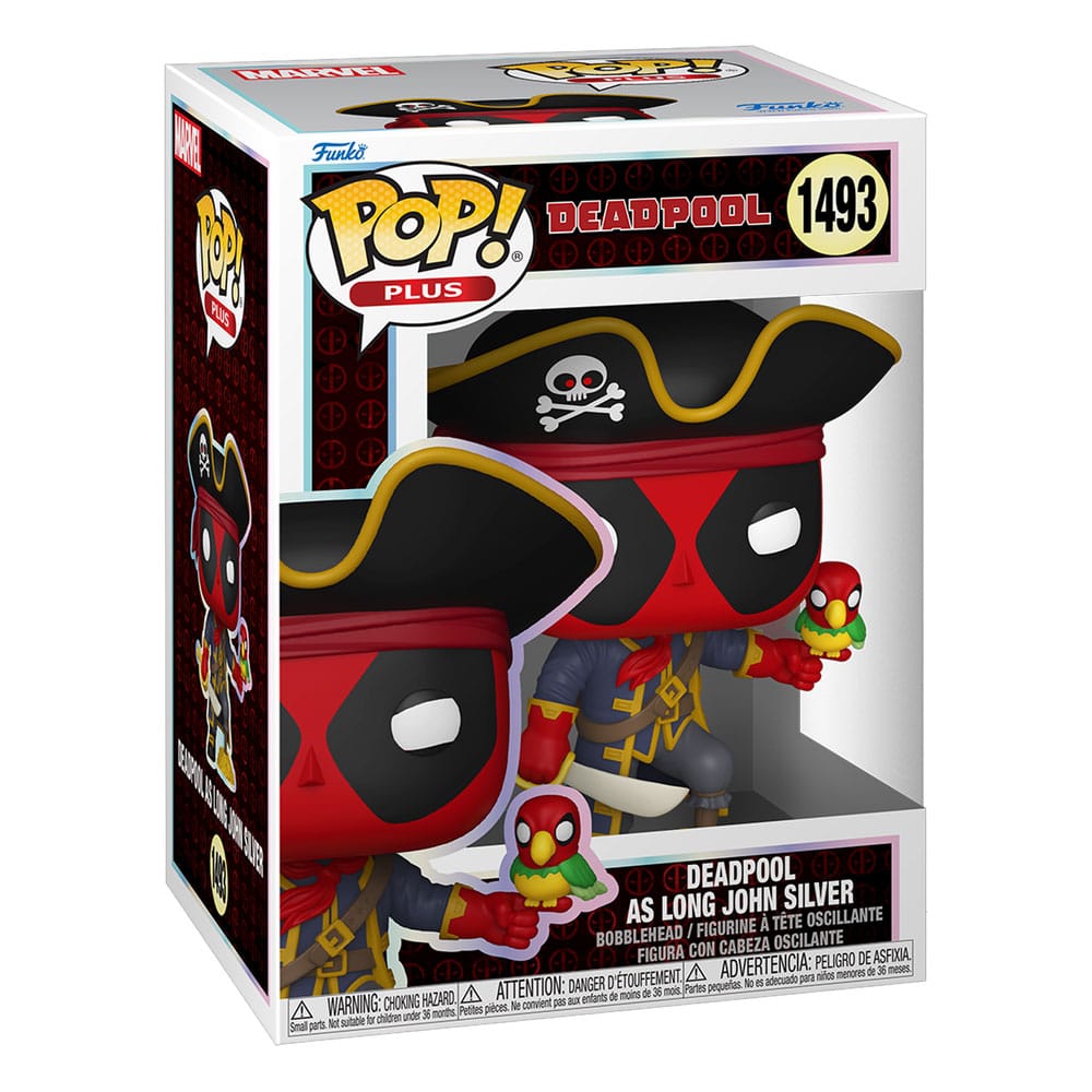 Détail de la figurine Funko POP! Deadpool Long John Silver, montrant le costume de pirate, l'épée et le perroquet sur l'épaule.