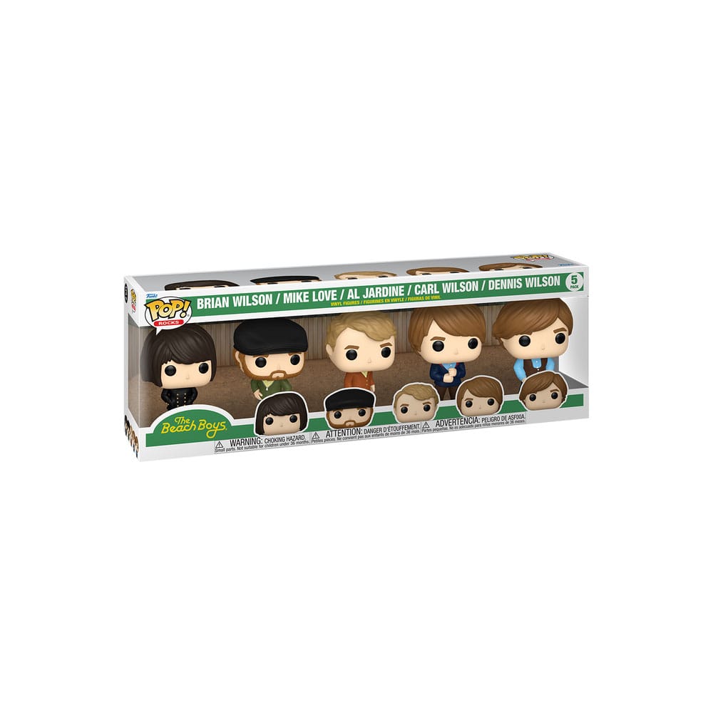 Vue détaillée des figurines Funko POP! The Beach Boys dans leur boîte-fenêtre