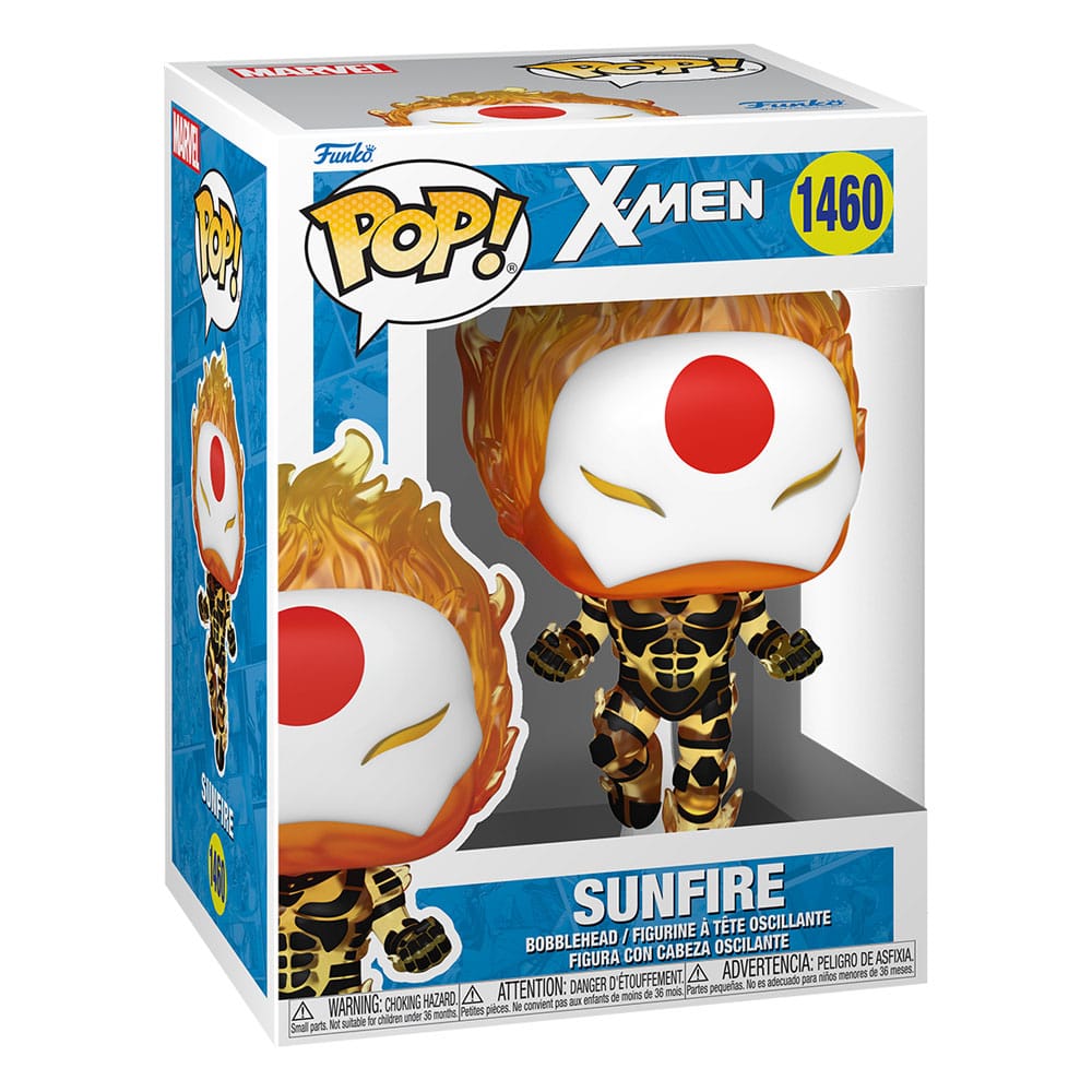 Détail de la figurine Funko POP! Marvel Sunfire hors de sa boîte, montrant les flammes et le costume
