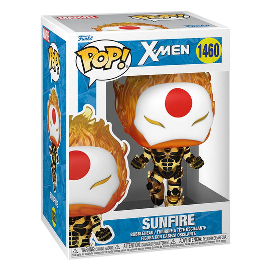 Détail de la figurine Funko POP! Marvel Sunfire hors de sa boîte, montrant les flammes et le costume