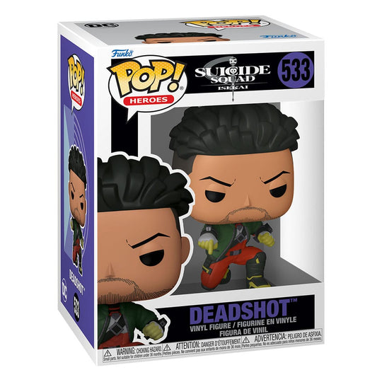 Boîte-fenêtre de la figurine Funko POP! Deadshot Suicide Squad Isekai, montrant le personnage